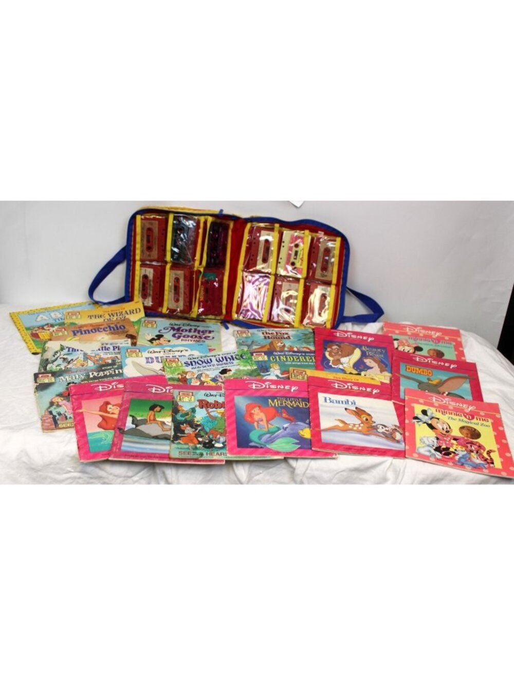 VTG Disney 20 Books 12 Cassettes Read-a-Long Tote 80s 90s Ariel Wizard Oz Little